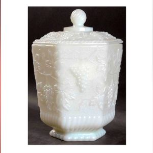 VINTAGE MILK GLASS PRESSED PATTERN COOKIE JAR